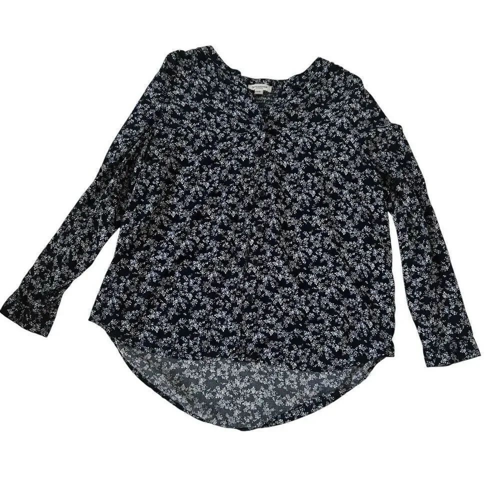 BeachLunchLounge Collection Floral Blouse Navy Blue Long Sleeve Top Size Large